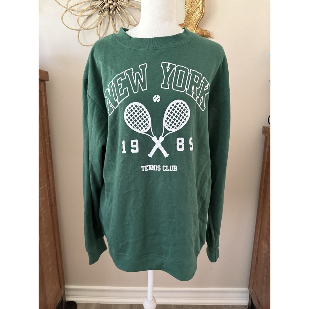 Women's Green New York Tennis Club 1989 Sweatshirt Size L Preppy Varsity